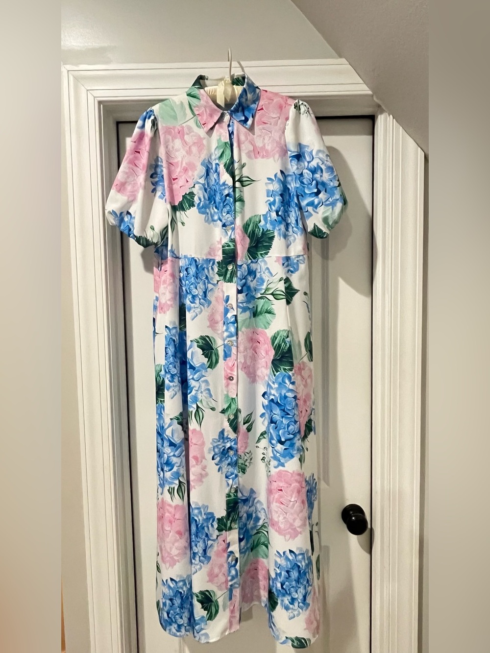 Floral Button-Front Midi Dress in Blue & Pink